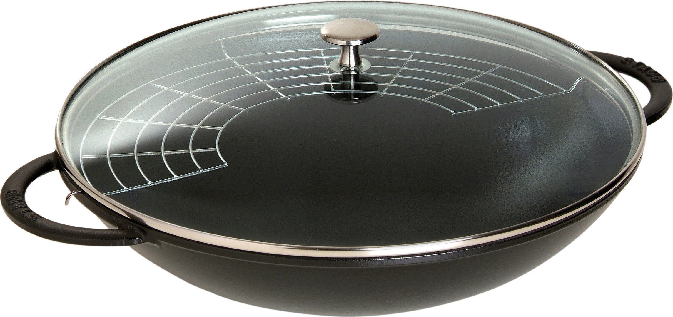 Wok mit Glasdeckel, 37 cm | rund | Gusseisen | Schwarz