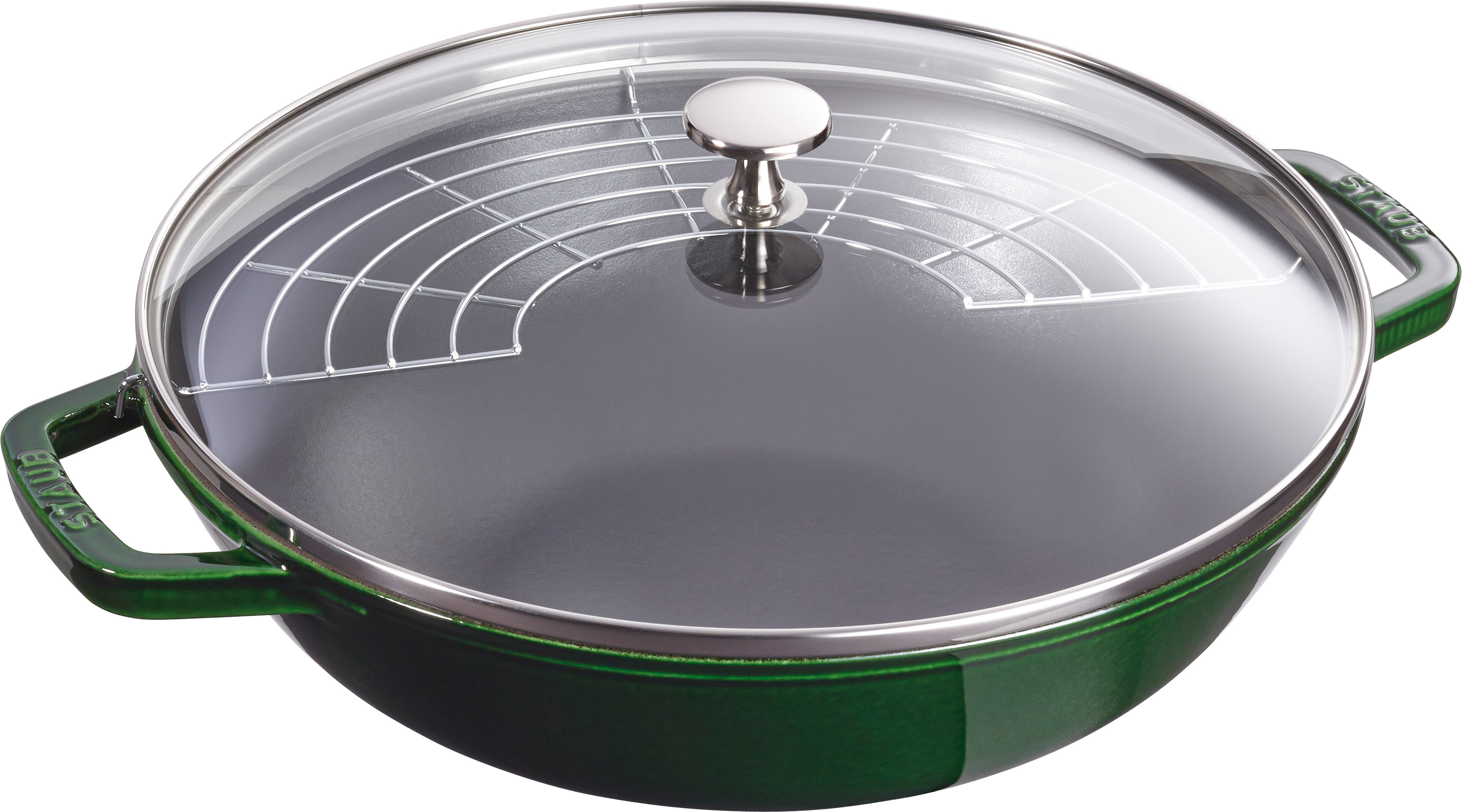 Wok mit Glasdeckel, 30 cm | rund | Gusseisen | Basilikum-Grün