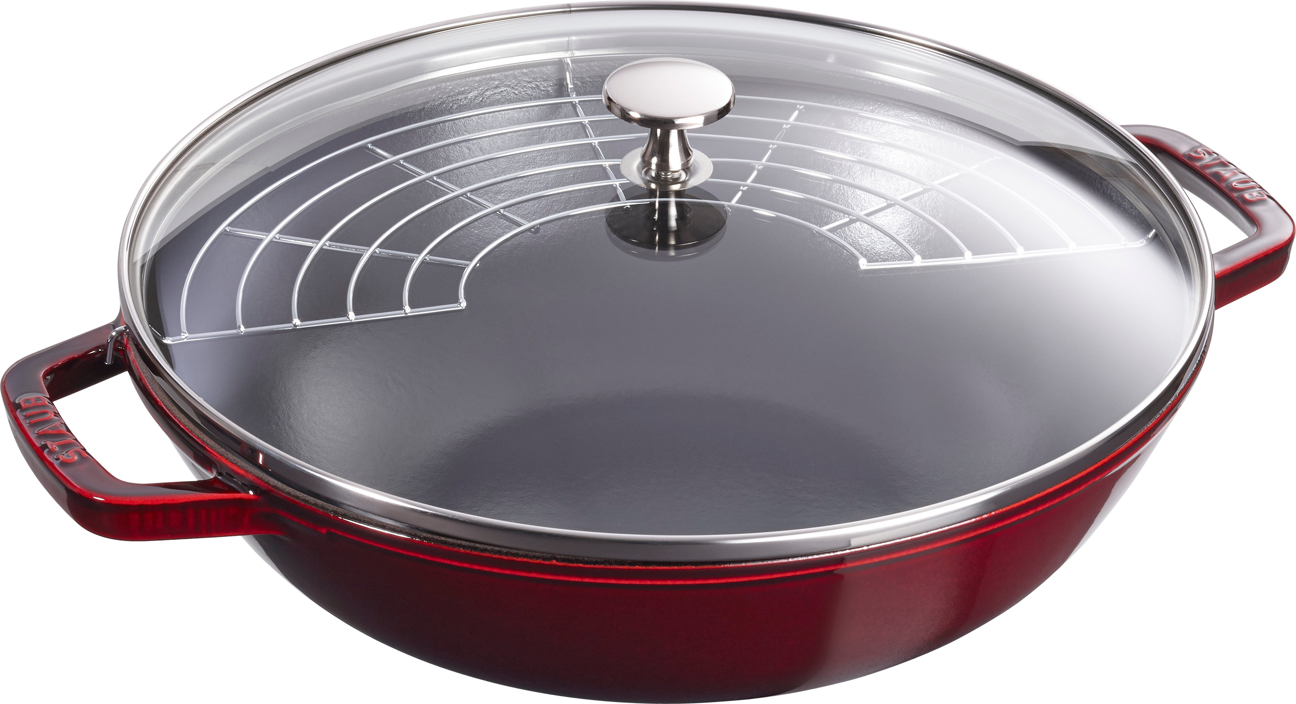 Wok mit Glasdeckel, 30 cm | rund | Gusseisen | Grenadine-Rot
