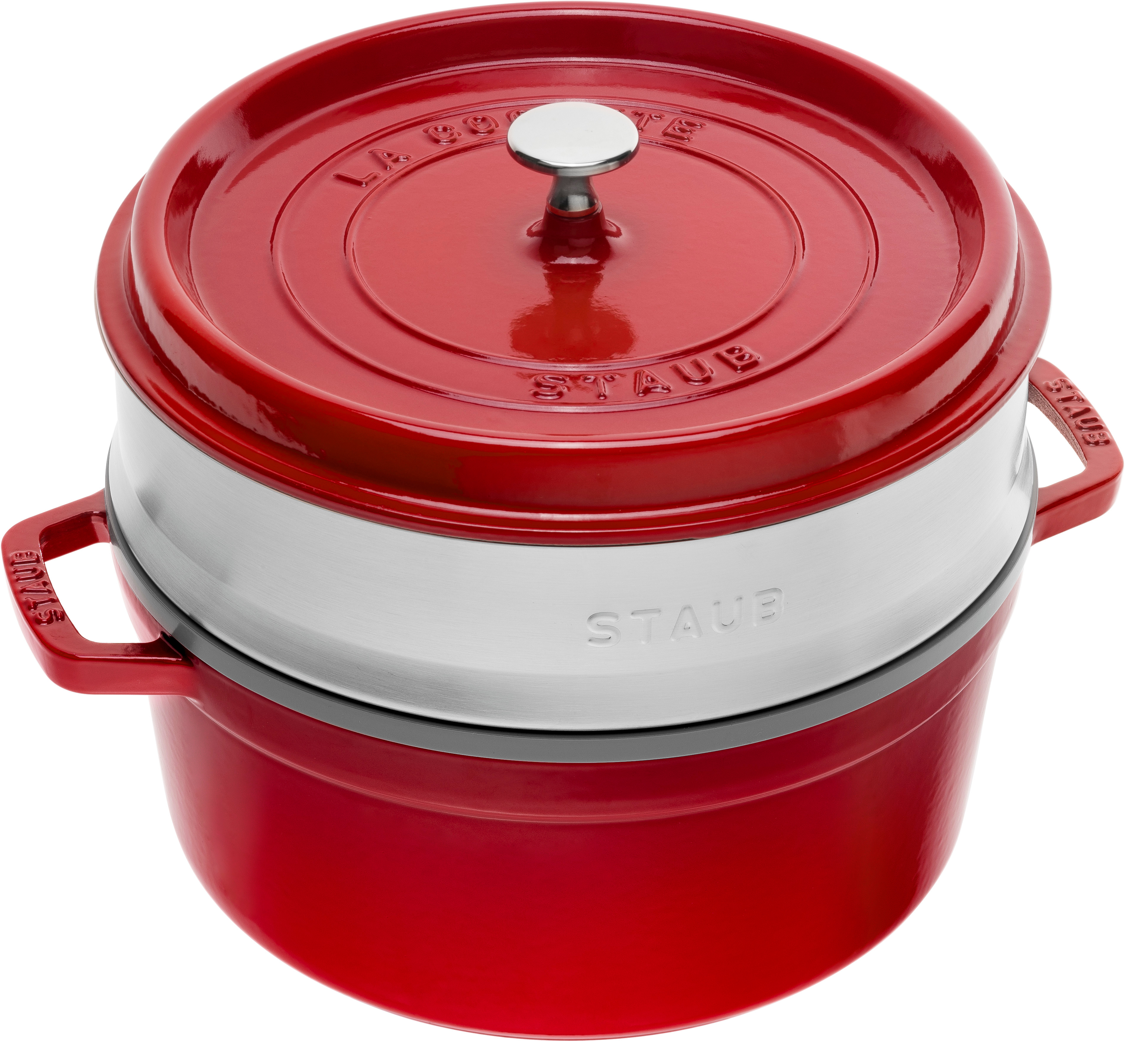 Cocotte mit Dämpfeinsatz, 24 cm | Kirsch-Rot | rund | Gusseisen