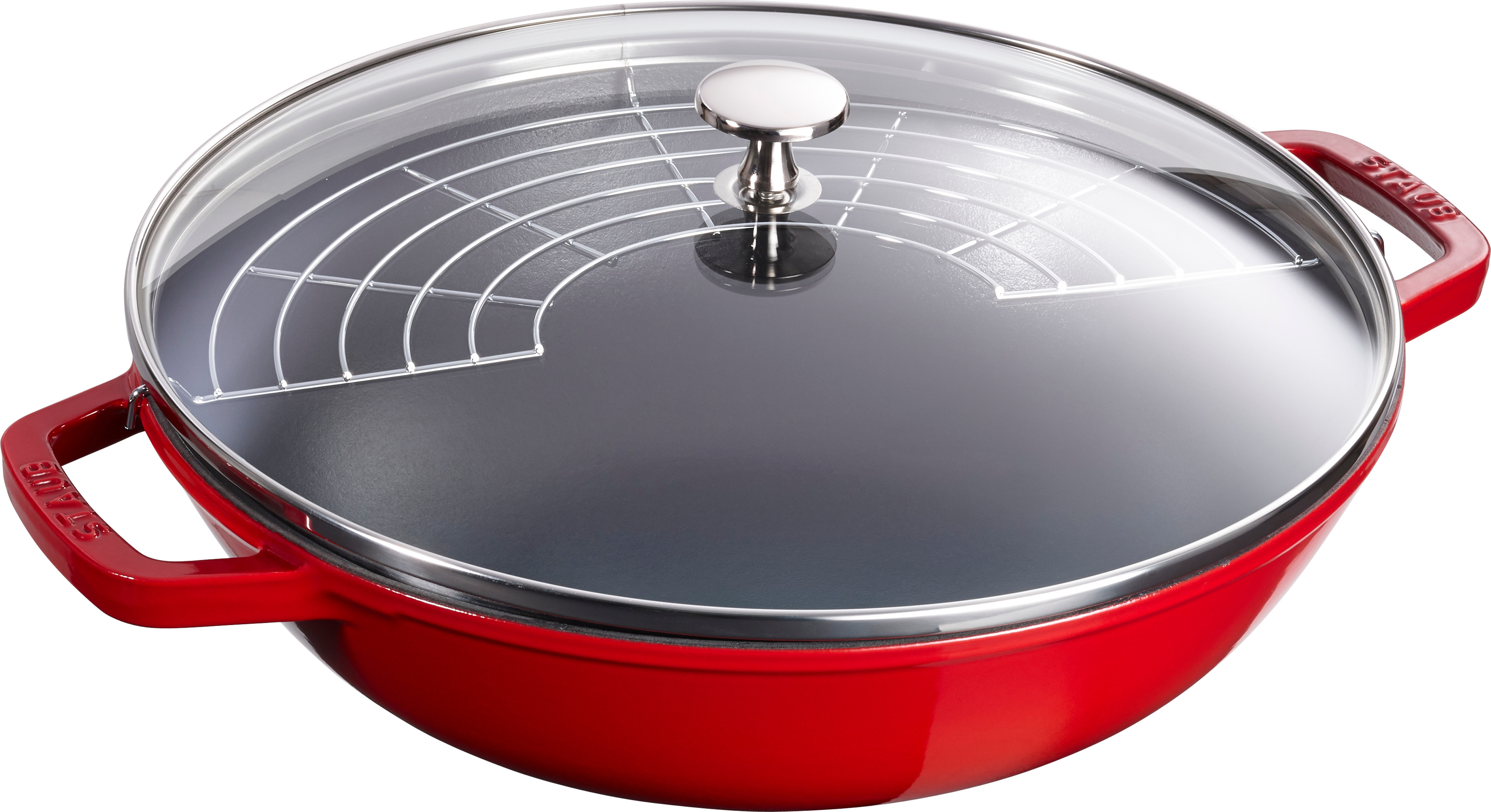 Wok mit Glasdeckel, 30 cm | rund | Gusseisen | Kirsch-Rot