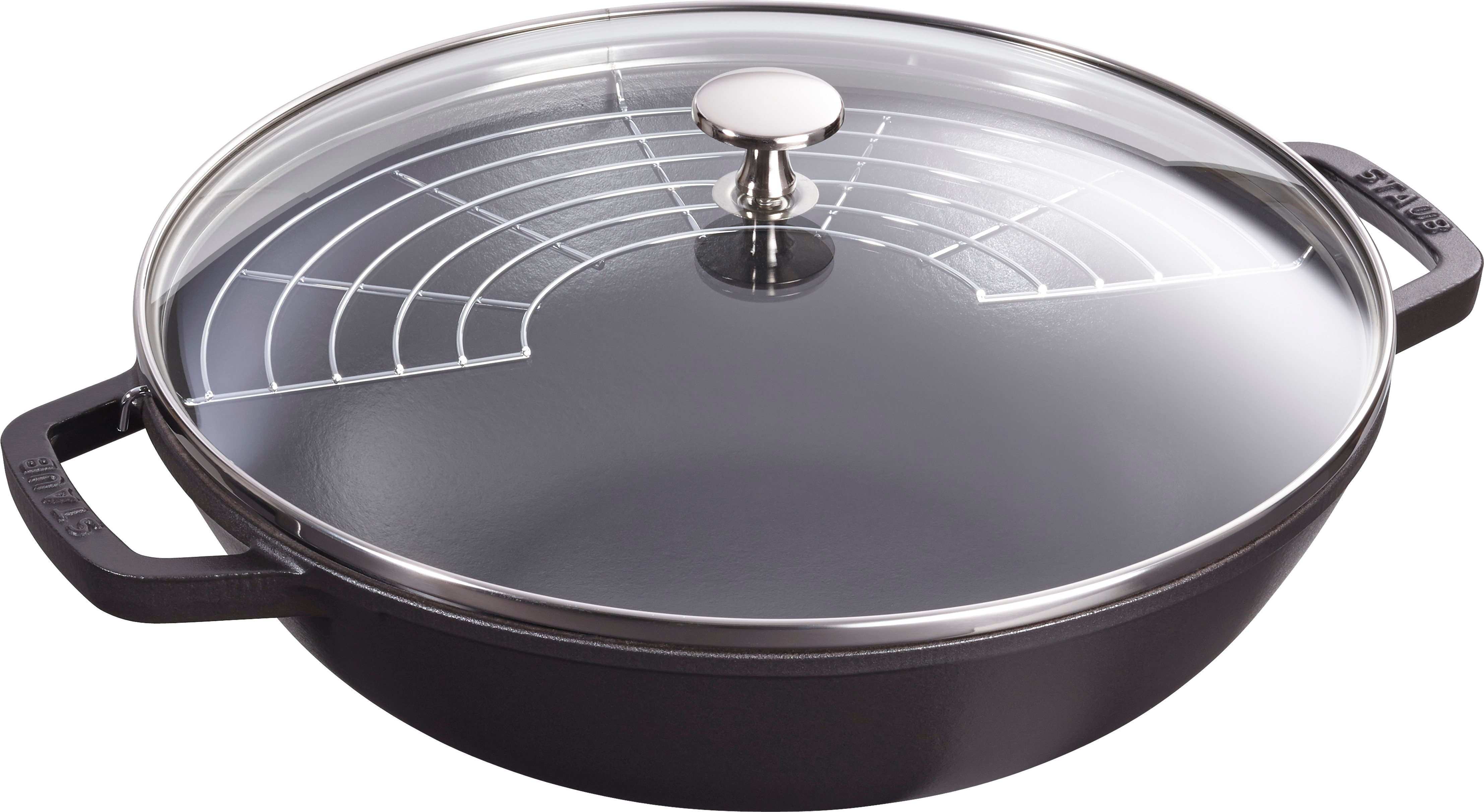 Wok mit Glasdeckel, 30 cm | rund | Gusseisen | Schwarz