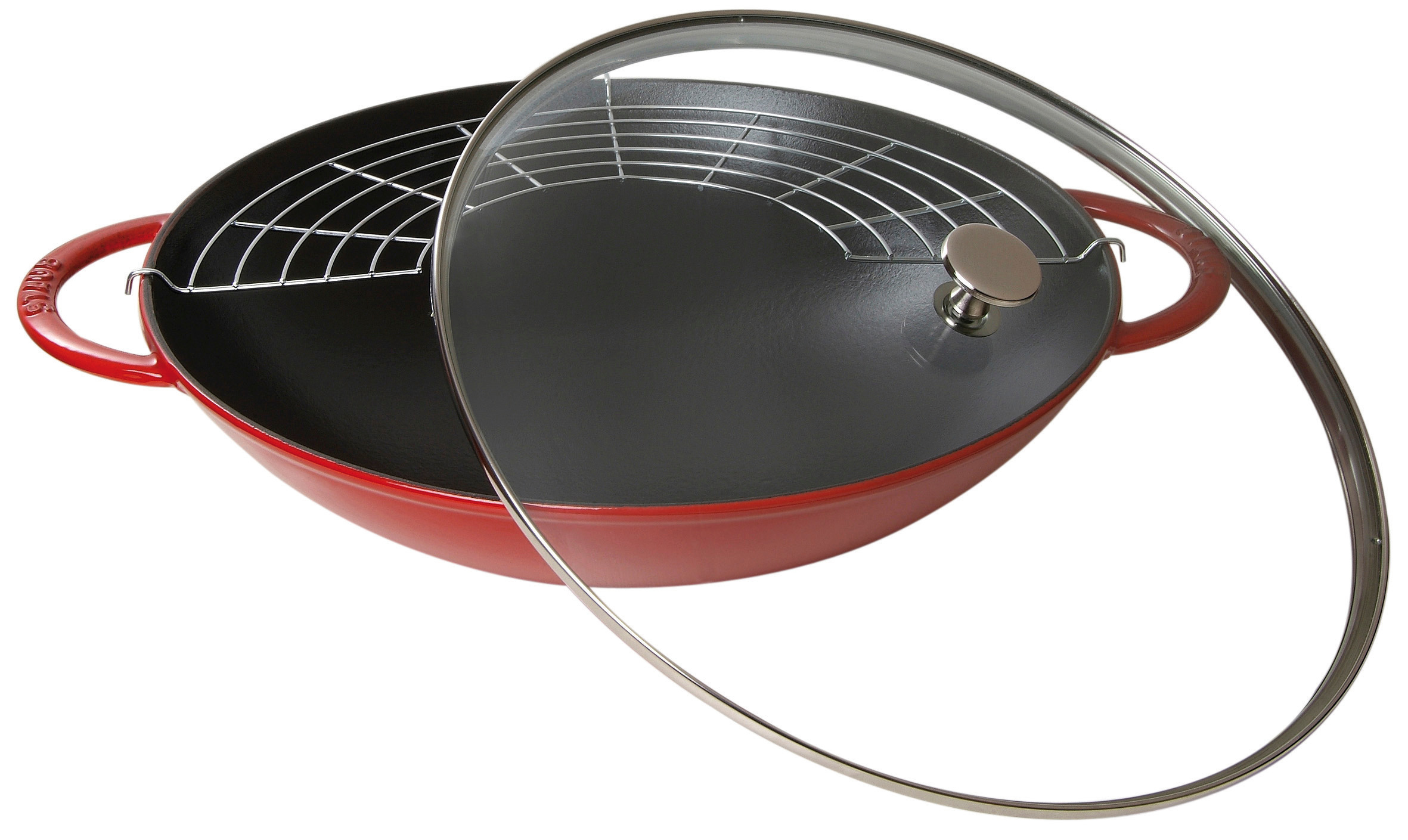 Wok mit Glasdeckel, 37 cm | rund | Gusseisen | Kirsch-Rot