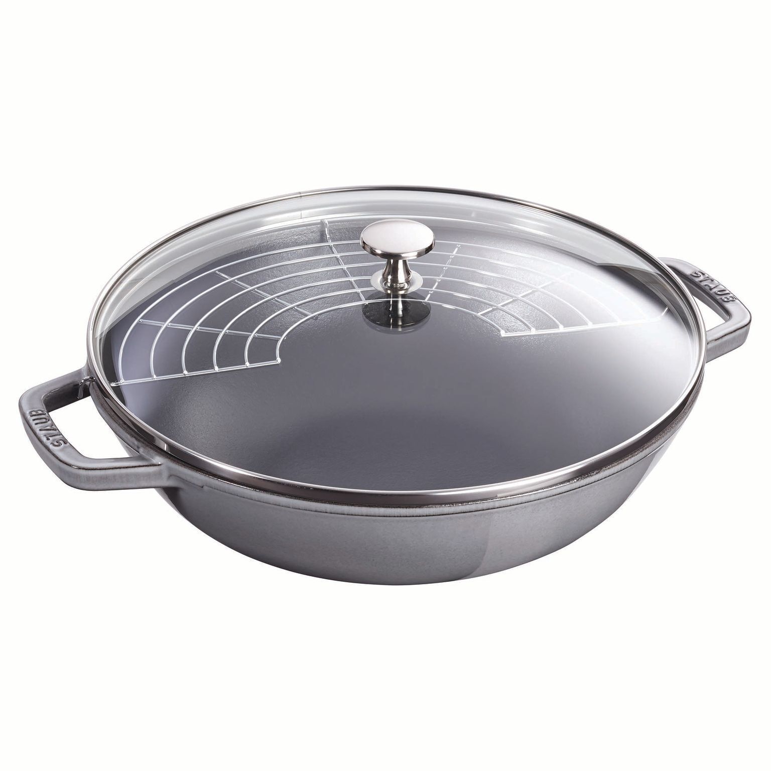 Wok mit Glasdeckel, 30 cm | rund | Gusseisen | Graphit-Grau